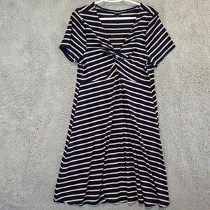 Torrid Mini Rib Knit Twist Front Skater Dress Navy Tan Stripe Sz 1 XL 14 16